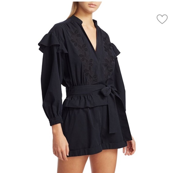 DEREK LAM 10 CROSBY- Floral Embroidery Black Long Sleeve Wrap Romper - Picture 4 of 16
